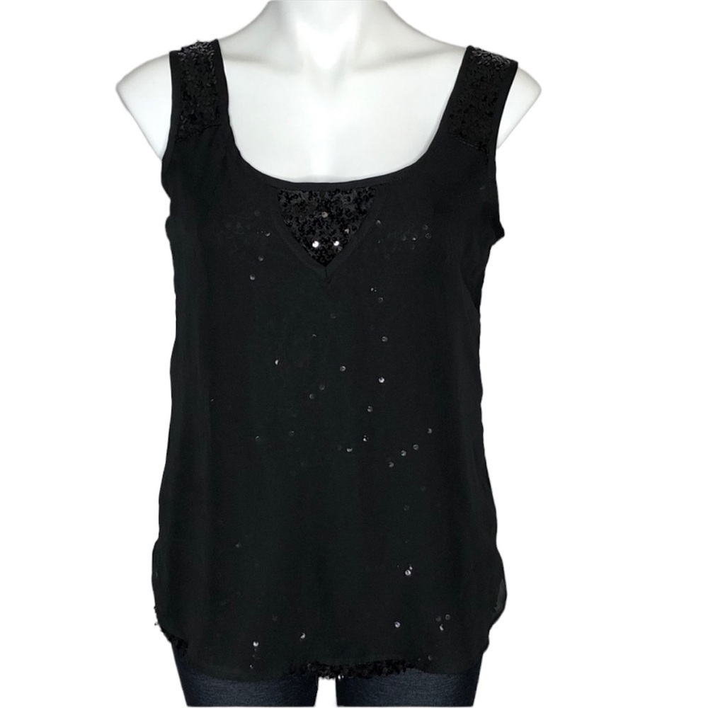 Cache black sequin tank with sheer overlay tank